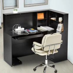 VEVOR Reception Desk, 55Inch L-Shaped Front Counter Table, Office Reception Counter with Drawer Keyboard Tray and Storage Cabinet, for Checkout, Lobby, Beauty Salon & Office, Black