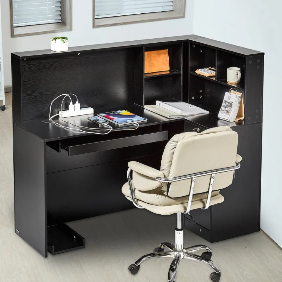 VEVOR Reception Desk, 55Inch L-Shaped Front Counter Table, Office Reception Counter with Drawer Keyboard Tray and Storage Cabinet, for Checkout, Lobby, Beauty Salon & Office, Black