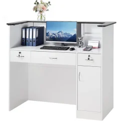 VEVOR Reception Desk, 50 inch Rectangular Front Counter Table, Modern Office Reception Desk with Light Strip, 3 Drawers & Storage Cabinets, Retail Counter Table for Checkout, Lobby, Salon, Office