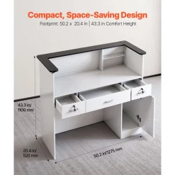 VEVOR Reception Desk, 50 inch Rectangular Front Counter Table, Modern Office Reception Desk with Light Strip, 3 Drawers & Storage Cabinets, Retail Counter Table for Checkout, Lobby, Salon, Office