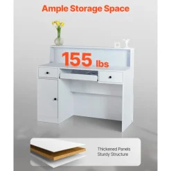 VEVOR Reception Desk, 47 Inch Rectangular Front Counter Table, Office Reception Desk with LED Light, 2 Drawers and Power Outlets, for Checkout, Lobby, Beauty Salon and Office, White