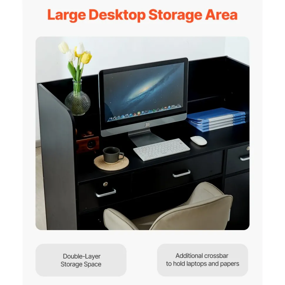 VEVOR Reception Desk, 47 Inch Rectangular Front Counter Table, Office Reception Counter with Lockable Drawer and Storage Cabinet, for Checkout, Lobby, Beauty Salon and Office, Black