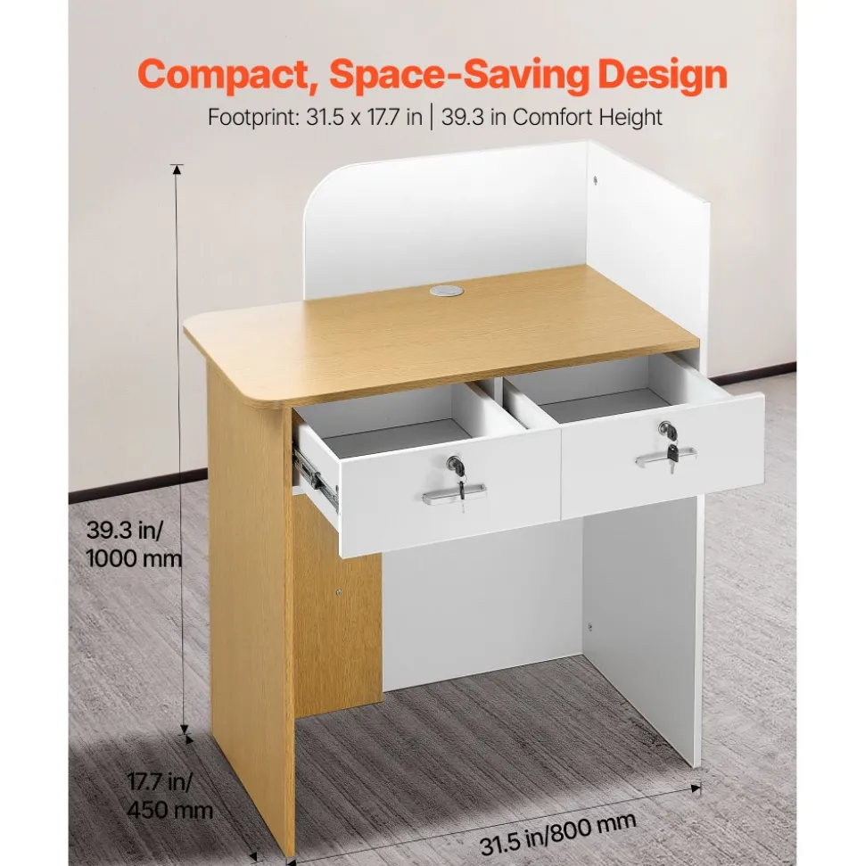 VEVOR Reception Desk, 31.5 inch Rectangular Front Counter Table, Modern Office Reception Desk with LED Light, 2 Drawers & Power Outlets, Retail Counter Table for Checkout, Lobby, Beauty Salon, Office