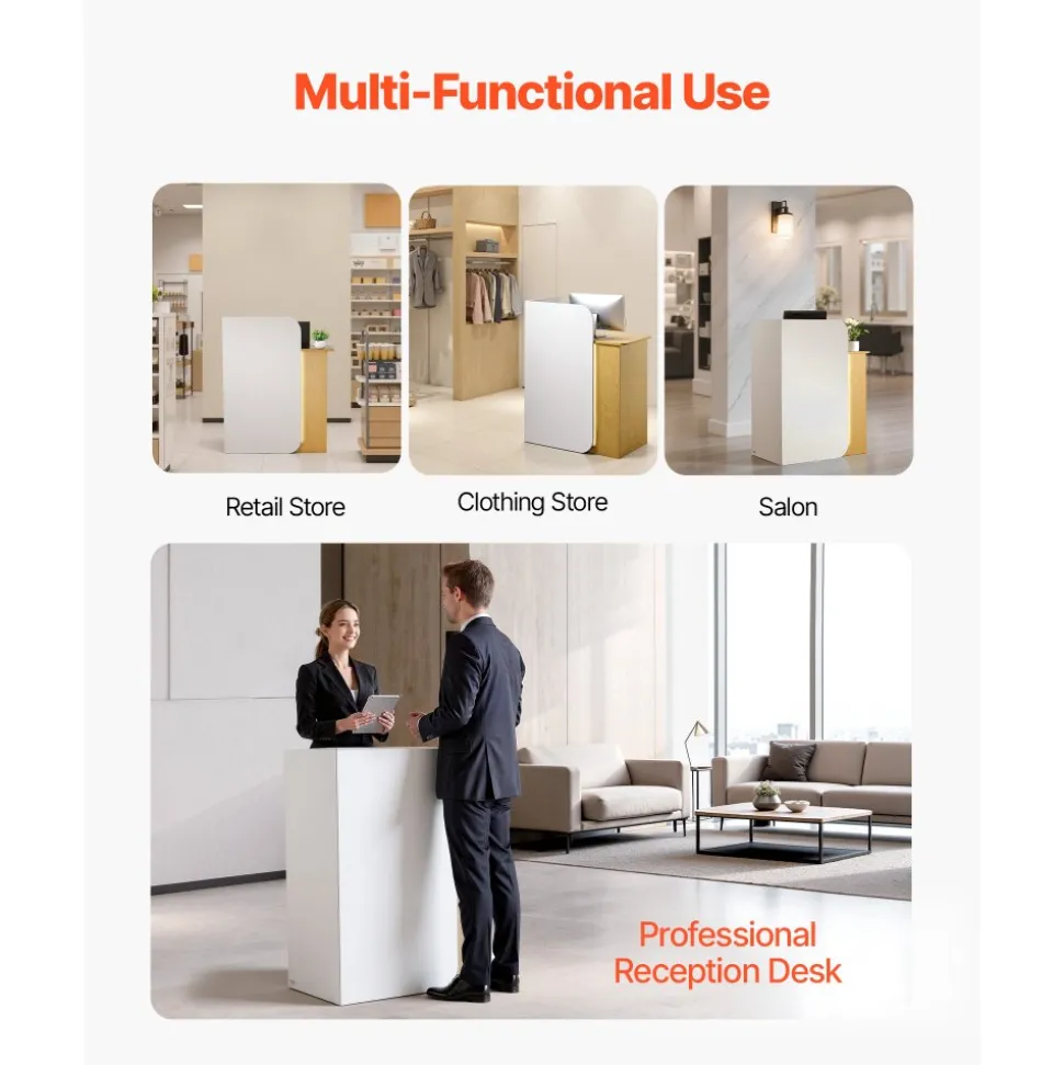 VEVOR Reception Desk, 31.5 inch Rectangular Front Counter Table, Modern Office Reception Desk with LED Light, 2 Drawers & Power Outlets, Retail Counter Table for Checkout, Lobby, Beauty Salon, Office