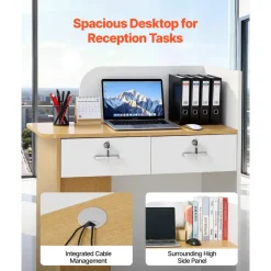 VEVOR Reception Desk, 31.5 inch Rectangular Front Counter Table, Modern Office Reception Desk with LED Light, 2 Drawers & Power Outlets, Retail Counter Table for Checkout, Lobby, Beauty Salon, Office