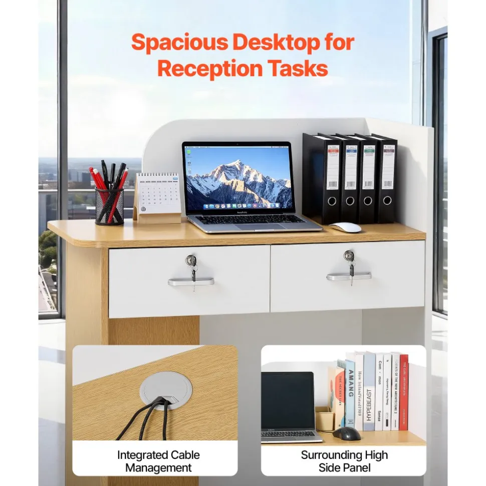 VEVOR Reception Desk, 31.5 inch Rectangular Front Counter Table, Modern Office Reception Desk with LED Light, 2 Drawers & Power Outlets, Retail Counter Table for Checkout, Lobby, Beauty Salon, Office