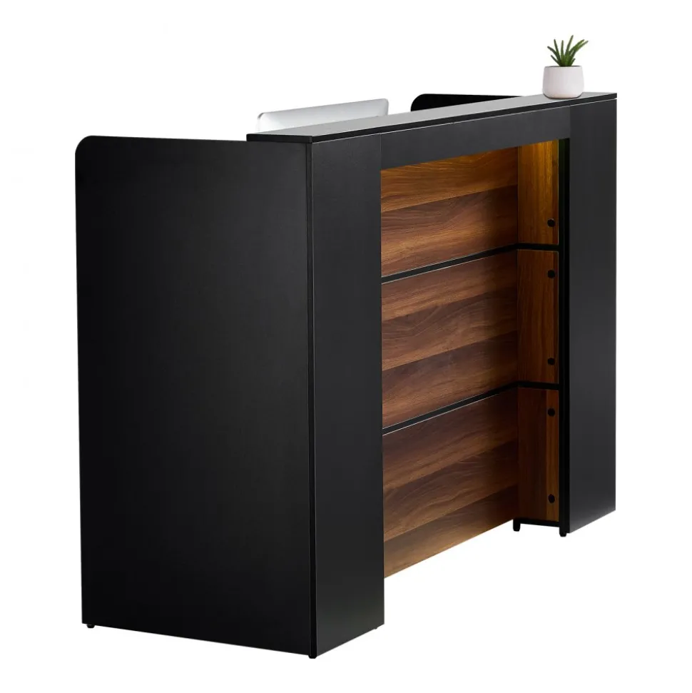VEVOR Reception Desk, 62 Inch Rectangular Front Counter Table, Office Reception Desk Front Retail Counter with LED Light, for Checkout, Lobby, Beauty Salon and Office, Black & Brown