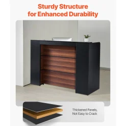 VEVOR Reception Desk, 62 Inch Rectangular Front Counter Table, Office Reception Desk Front Retail Counter with LED Light, for Checkout, Lobby, Beauty Salon and Office, Black & Brown