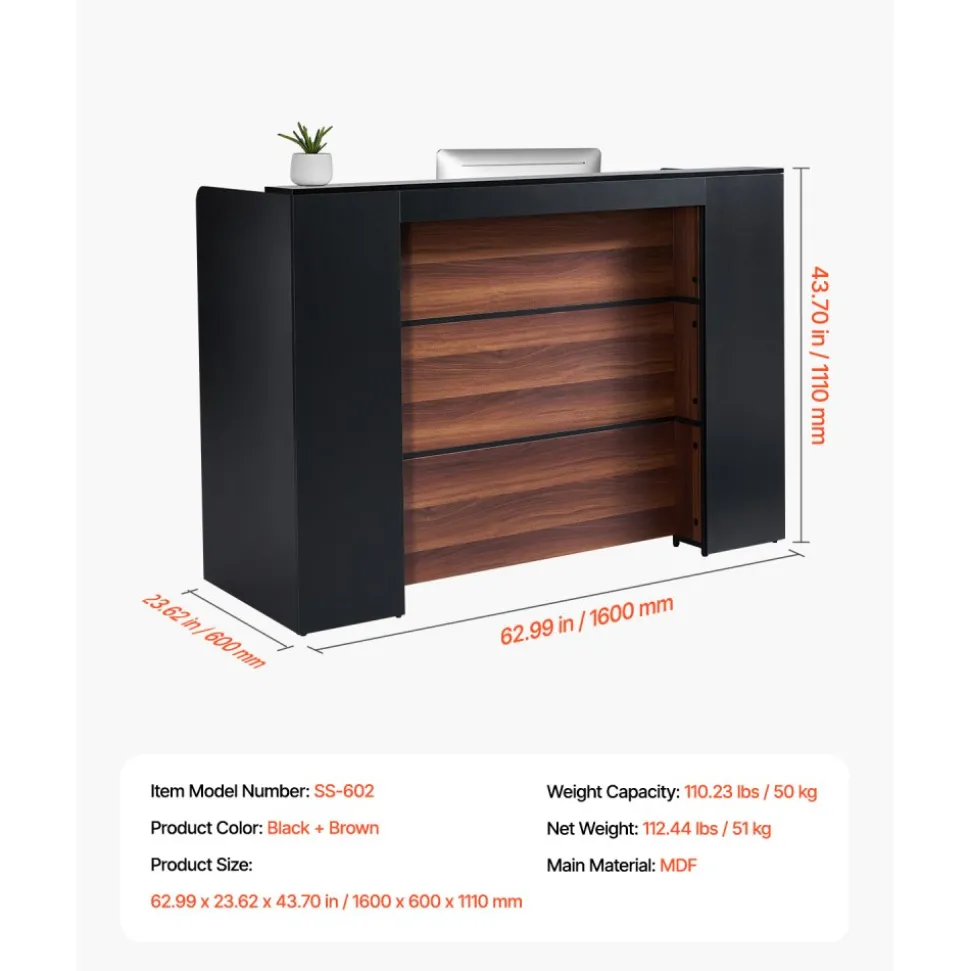 VEVOR Reception Desk, 62 Inch Rectangular Front Counter Table, Office Reception Desk Front Retail Counter with LED Light, for Checkout, Lobby, Beauty Salon and Office, Black & Brown