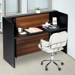 VEVOR Reception Desk, 62 Inch Rectangular Front Counter Table, Office Reception Desk Front Retail Counter with LED Light, for Checkout, Lobby, Beauty Salon and Office, Black & Brown