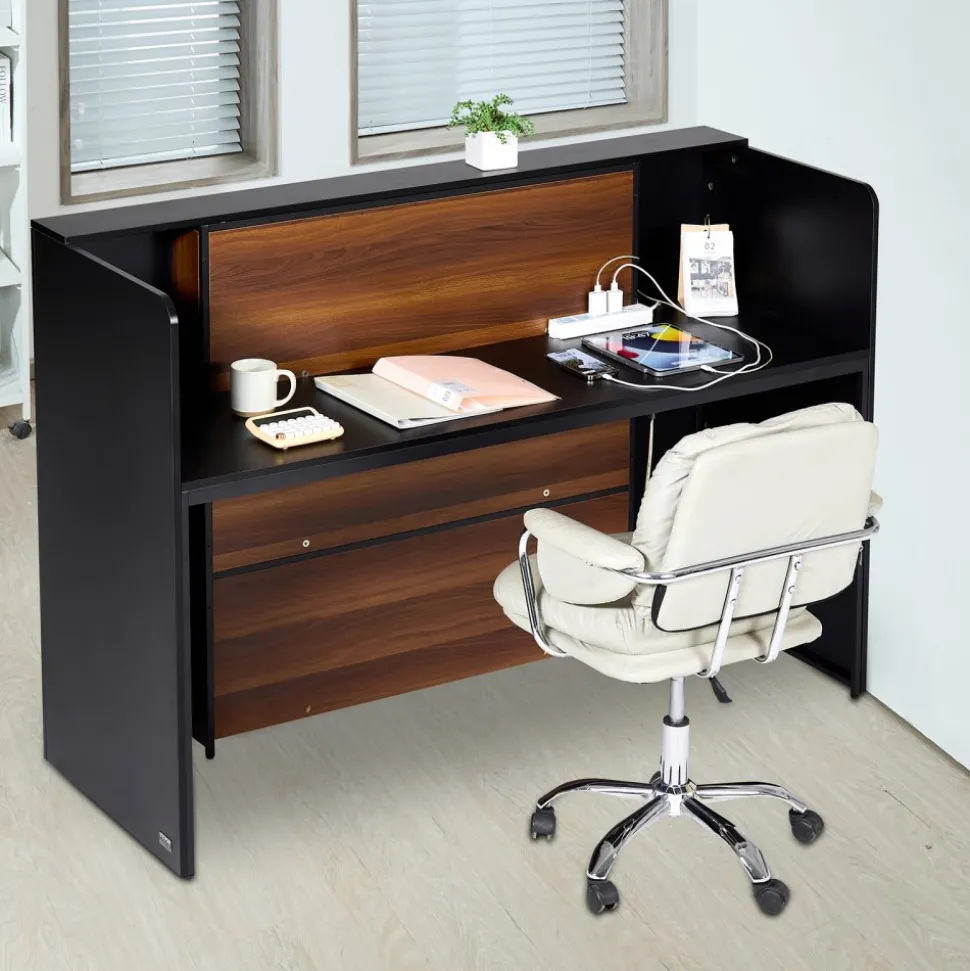 VEVOR Reception Desk, 62 Inch Rectangular Front Counter Table, Office Reception Desk Front Retail Counter with LED Light, for Checkout, Lobby, Beauty Salon and Office, Black & Brown