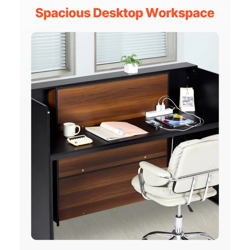 VEVOR Reception Desk, 62 Inch Rectangular Front Counter Table, Office Reception Desk Front Retail Counter with LED Light, for Checkout, Lobby, Beauty Salon and Office, Black & Brown