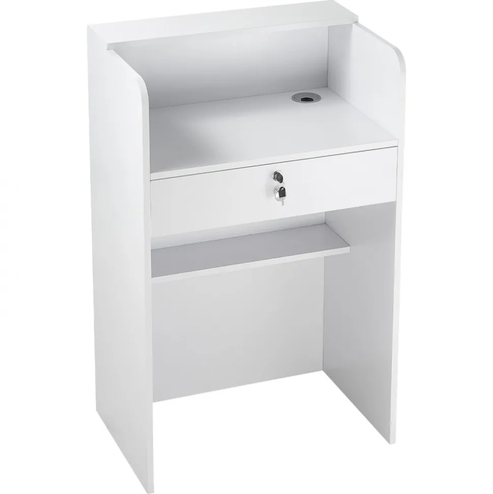 VEVOR Reception Desk, 23.6 inch Rectangular Front Counter Table, Modern Office Reception Desk with Drawer, Small Minimalist Retail Counter Table for Checkout, Lobby, Beauty Salon and Office, White