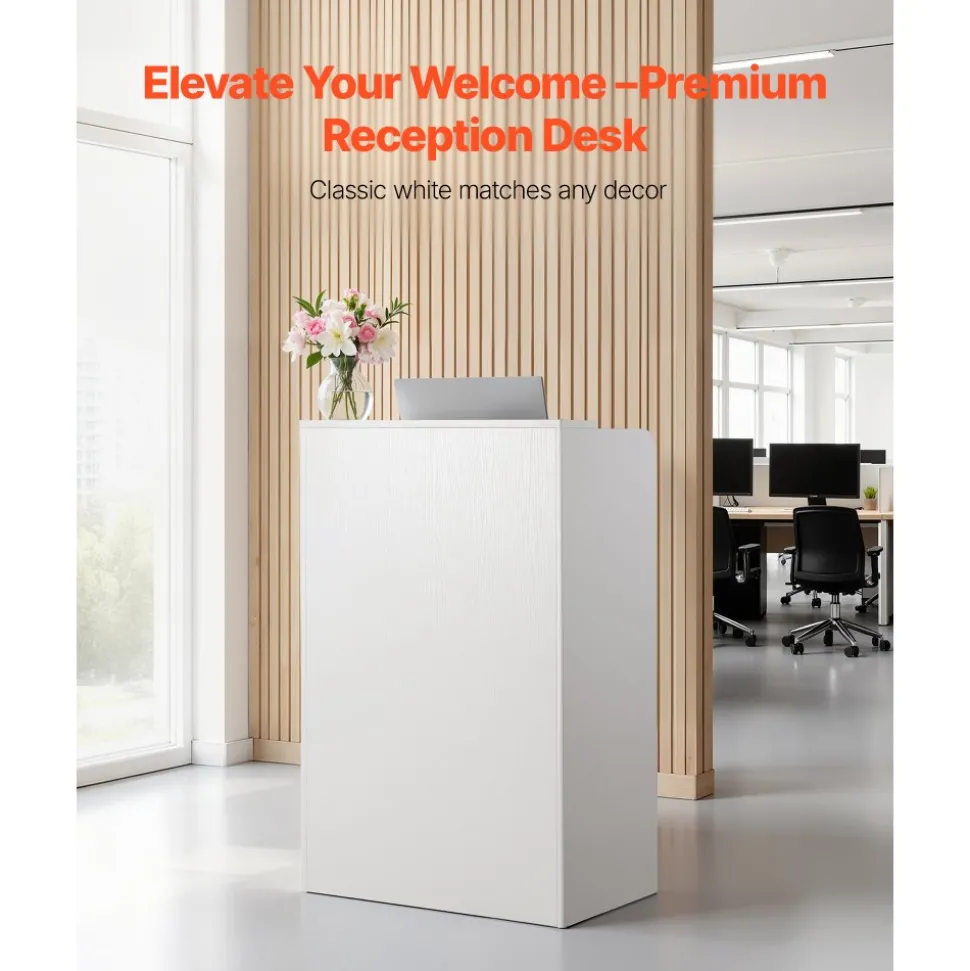 VEVOR Reception Desk, 23.6 inch Rectangular Front Counter Table, Modern Office Reception Desk with Drawer, Small Minimalist Retail Counter Table for Checkout, Lobby, Beauty Salon and Office, White