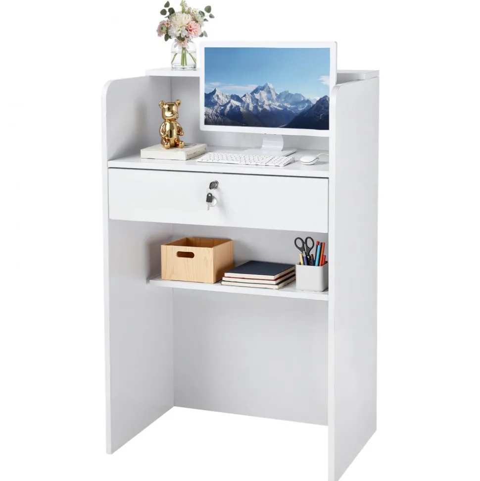VEVOR Reception Desk, 23.6 inch Rectangular Front Counter Table, Modern Office Reception Desk with Drawer, Small Minimalist Retail Counter Table for Checkout, Lobby, Beauty Salon and Office, White