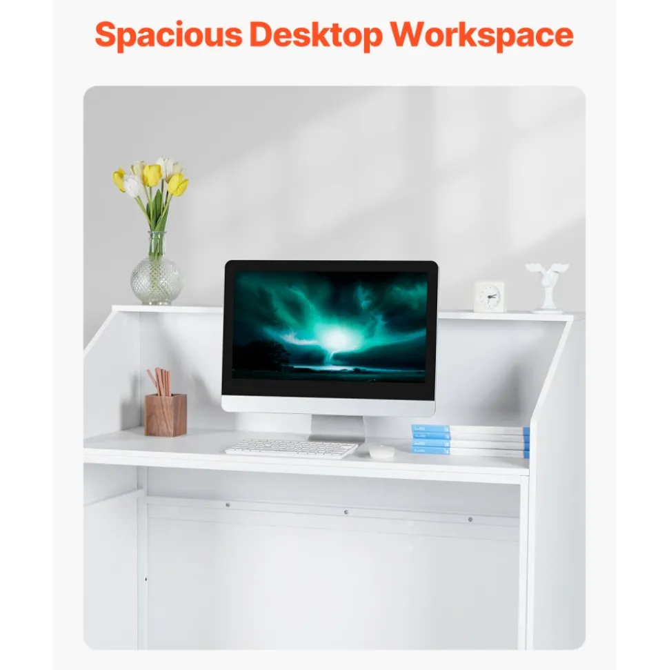 VEVOR Reception Desk, 46 Inch Rectangular Front Counter Table, Office Reception Desk, Retail Counter and Front Reception Counter, for Checkout, Lobby, Beauty Salon and Office, White