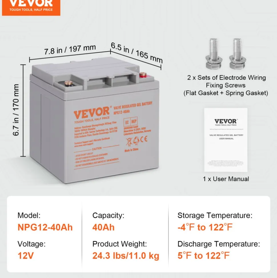 VEVOR Rechargeable AGM Marine Battery, 12V 40AH, with 400A Discharge Current, Ideal for Mobility Scooters, Electric Wheelchairs, Go-Karts, and e-Bikes