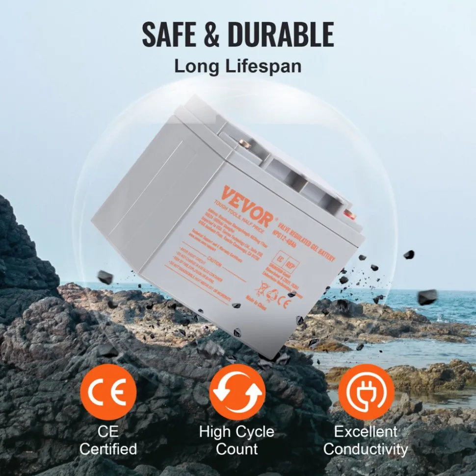 VEVOR Rechargeable AGM Marine Battery, 12V 40AH, with 400A Discharge Current, Ideal for Mobility Scooters, Electric Wheelchairs, Go-Karts, and e-Bikes