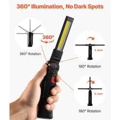 VEVOR Rechargeable LED Work Light, 1200 mAh, Magnetic Mechanic Flashlight with Magnetic Base, 360° Rotation, 5 Lighting Modes, Foldable Grill Lamp for Mechanics, Car Repairs, Home, Emergency (2 Pack)
