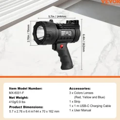 VEVOR Rechargeable Spotlight Flashlight, 200,000 Lumens, IP67 Waterproof Handheld LED Spot Light, Super Bright Portable Searchlight with 4 Modes Detachable Lens USB Port, for Hunting Boating Camping