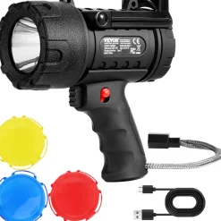 VEVOR Rechargeable Spotlight Flashlight, 200,000 Lumens, IP67 Waterproof Handheld LED Spot Light, Super Bright Portable Searchlight with 4 Modes Detachable Lens USB Port, for Hunting Boating Camping