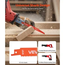 VEVOR Reciprocating Saw Blades, 25 Pack, 6/12 TPI Bi-Metal Reciprocating Saw Blade Set with Universal Shank, Sharp Teeth for Fast and Smooth Cuts, for Wood and Nail-Embedded Wood Demolition, Orange