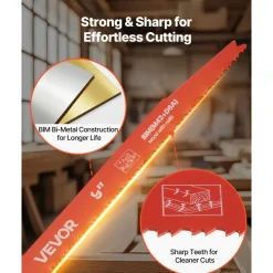 VEVOR Reciprocating Saw Blades, 25 Pack, 6/12 TPI Bi-Metal Reciprocating Saw Blade Set with Universal Shank, Sharp Teeth for Fast and Smooth Cuts, for Wood and Nail-Embedded Wood Demolition, Orange