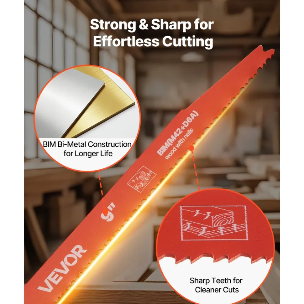 VEVOR Reciprocating Saw Blades, 25 Pack, 6/12 TPI Bi-Metal Reciprocating Saw Blade Set with Universal Shank, Sharp Teeth for Fast and Smooth Cuts, for Wood and Nail-Embedded Wood Demolition, Orange