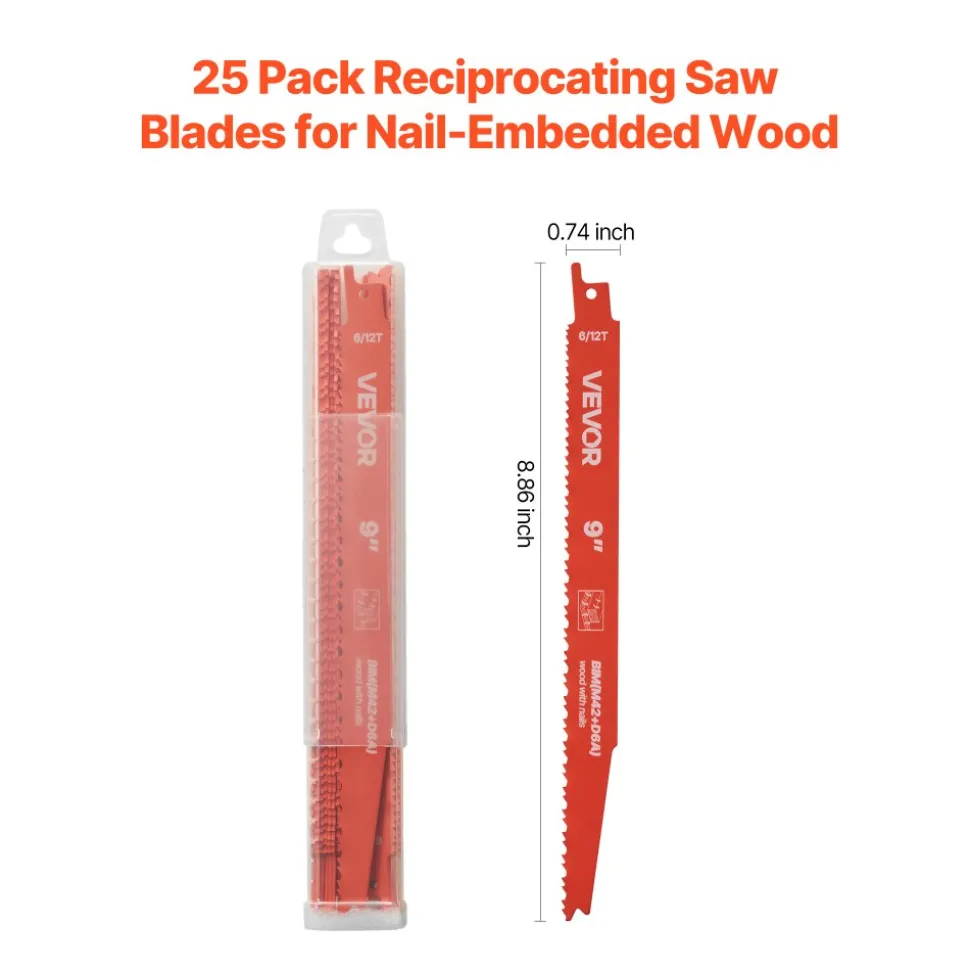 VEVOR Reciprocating Saw Blades, 25 Pack, 6/12 TPI Bi-Metal Reciprocating Saw Blade Set with Universal Shank, Sharp Teeth for Fast and Smooth Cuts, for Wood and Nail-Embedded Wood Demolition, Orange