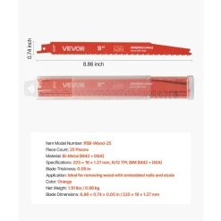 VEVOR Reciprocating Saw Blades, 25 Pack, 6/12 TPI Bi-Metal Reciprocating Saw Blade Set with Universal Shank, Sharp Teeth for Fast and Smooth Cuts, for Wood and Nail-Embedded Wood Demolition, Orange
