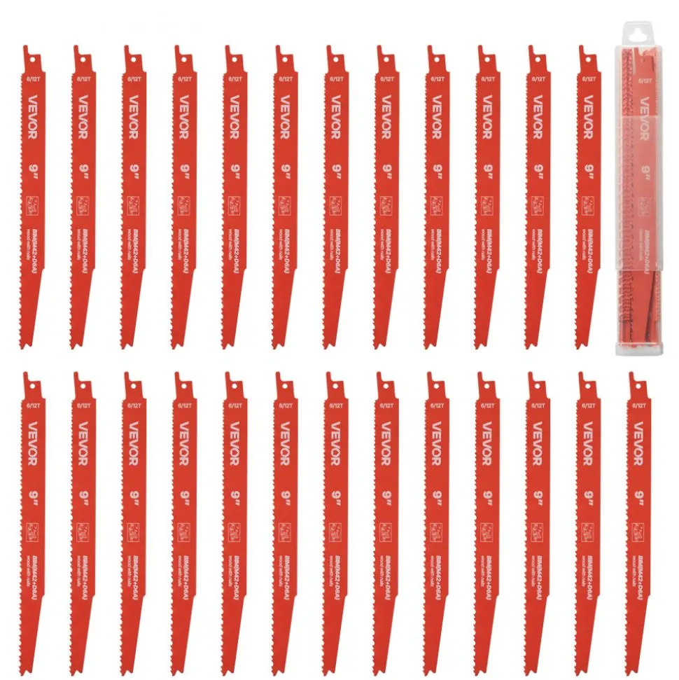 VEVOR Reciprocating Saw Blades, 25 Pack, 6/12 TPI Bi-Metal Reciprocating Saw Blade Set with Universal Shank, Sharp Teeth for Fast and Smooth Cuts, for Wood and Nail-Embedded Wood Demolition, Orange
