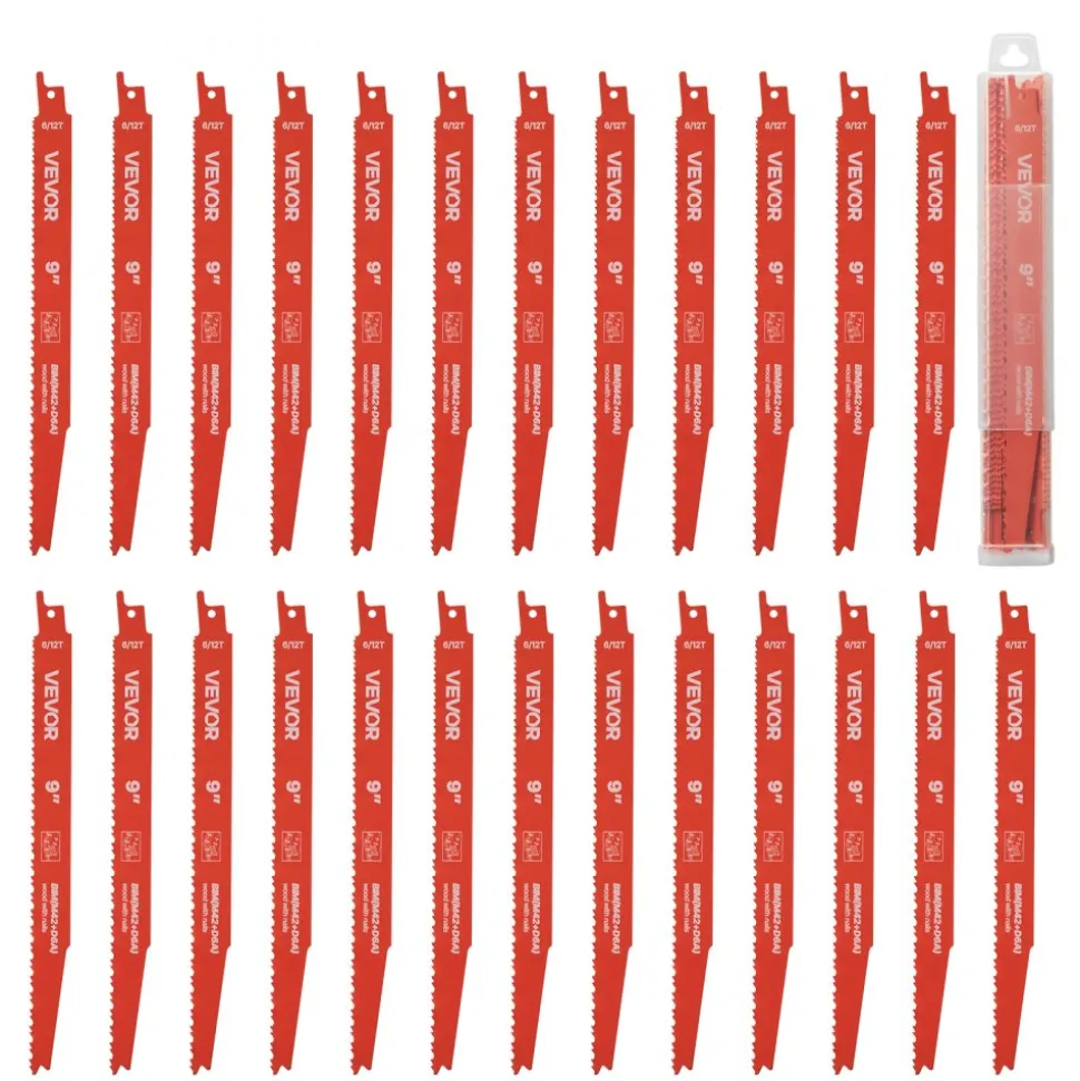 VEVOR Reciprocating Saw Blades, 25 Pack, 6/12 TPI Bi-Metal Reciprocating Saw Blade Set with Universal Shank, Sharp Teeth for Fast and Smooth Cuts, for Wood and Nail-Embedded Wood Demolition, Orange