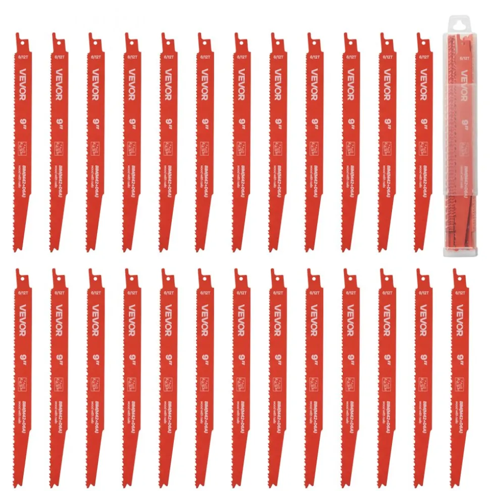VEVOR Reciprocating Saw Blades, 25 Pack, 6/12 TPI Bi-Metal Reciprocating Saw Blade Set with Universal Shank, Sharp Teeth for Fast and Smooth Cuts, for Wood and Nail-Embedded Wood Demolition, Orange