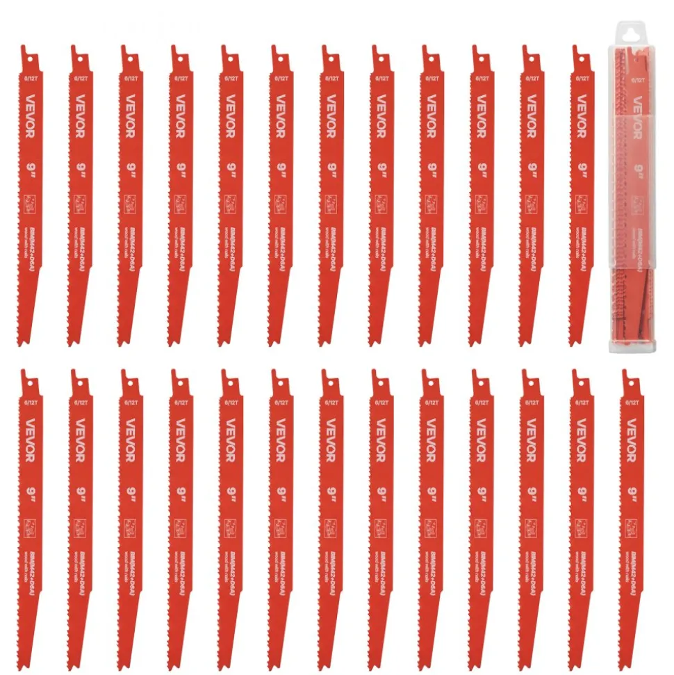 VEVOR Reciprocating Saw Blades, 25 Pack, 6/12 TPI Bi-Metal Reciprocating Saw Blade Set with Universal Shank, Sharp Teeth for Fast and Smooth Cuts, for Wood and Nail-Embedded Wood Demolition, Orange