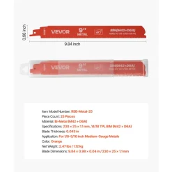 VEVOR Reciprocating Saw Blades, 25 Pack, 14/18 TPI Bi-Metal Reciprocating Saw Blade Set with Universal Shank, Sharp Teeth for Fast and Smooth Cuts, for Cutting 1/8-5/16 inch Medium Metals, Orange