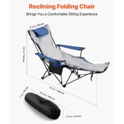 VEVOR Reclining Camping Chair, 4 Adjustable Positions, Portable Folding Lounger for Adults, Mesh Beach Chair with Footrest & Plush Cushion, Supports 220 lbs, Heavy Duty Camp Chairs for Patio, Blue