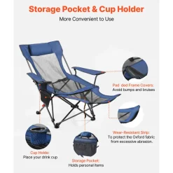 VEVOR Reclining Camping Chair, 4 Adjustable Positions, Portable Folding Lounger for Adults, Mesh Beach Chair with Footrest & Plush Cushion, Supports 220 lbs, Heavy Duty Camp Chairs for Patio, Blue