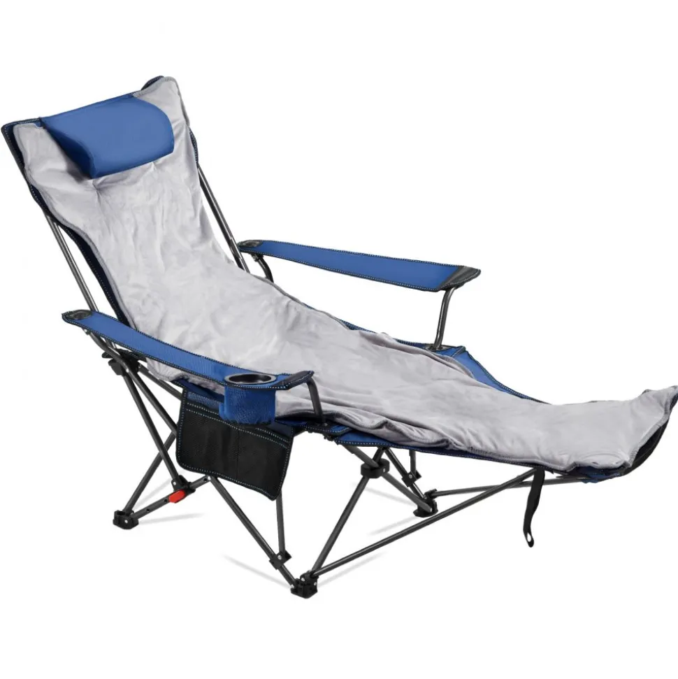 VEVOR Reclining Camping Chair, 4 Adjustable Positions, Portable Folding Lounger for Adults, Mesh Beach Chair with Footrest & Plush Cushion, Supports 220 lbs, Heavy Duty Camp Chairs for Patio, Blue