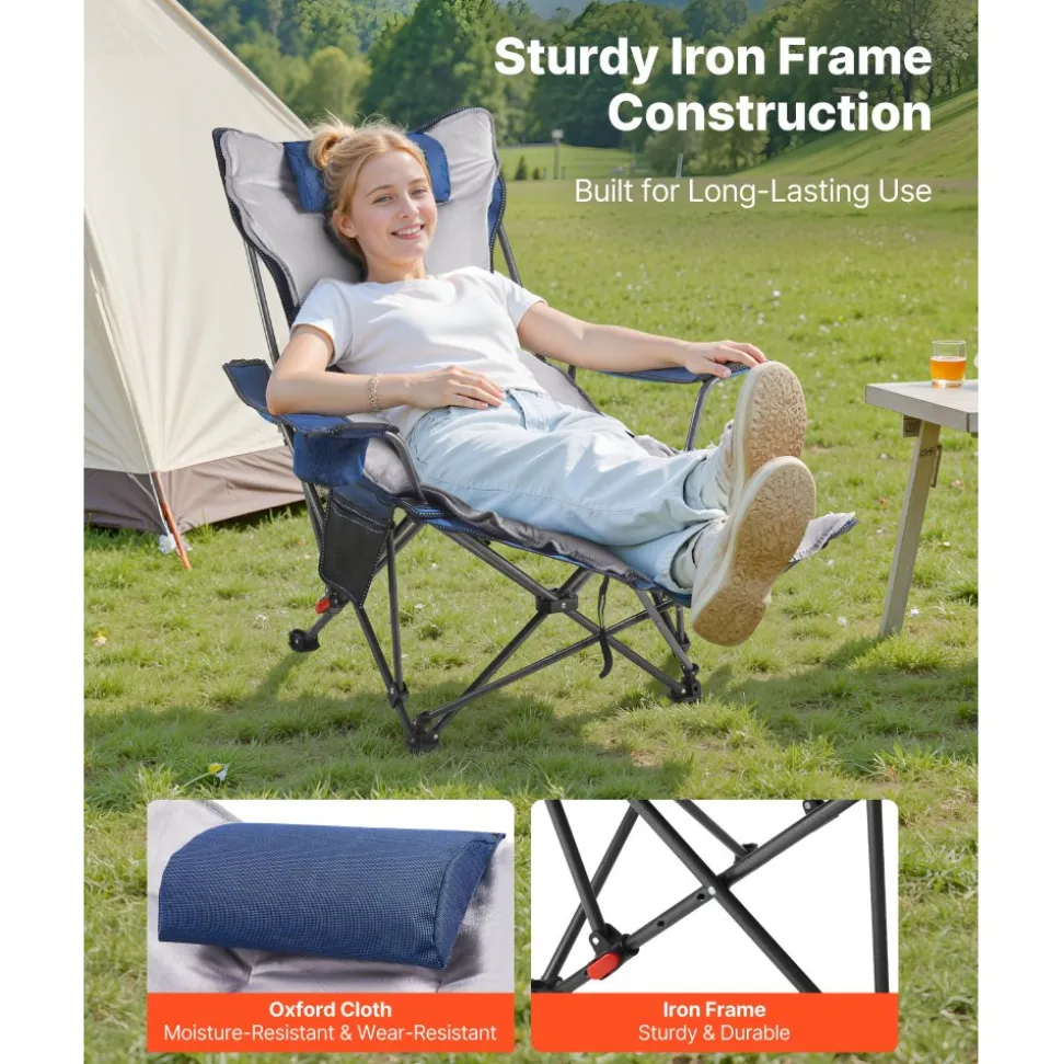 VEVOR Reclining Camping Chair, 4 Adjustable Positions, Portable Folding Lounger for Adults, Mesh Beach Chair with Footrest & Plush Cushion, Supports 220 lbs, Heavy Duty Camp Chairs for Patio, Blue