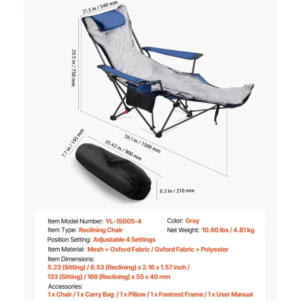 VEVOR Reclining Camping Chair, 4 Adjustable Positions, Portable Folding Lounger for Adults, Mesh Beach Chair with Footrest & Plush Cushion, Supports 220 lbs, Heavy Duty Camp Chairs for Patio, Blue