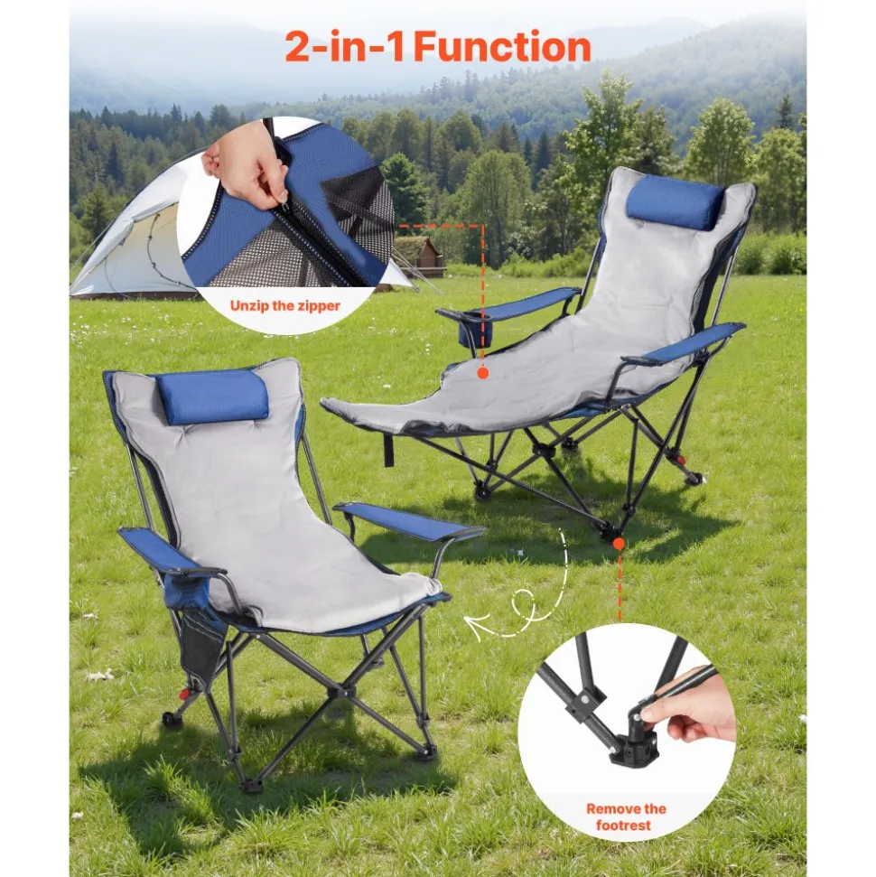 VEVOR Reclining Camping Chair, 4 Adjustable Positions, Portable Folding Lounger for Adults, Mesh Beach Chair with Footrest & Plush Cushion, Supports 220 lbs, Heavy Duty Camp Chairs for Patio, Blue