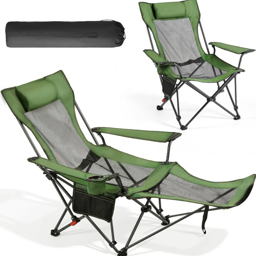 VEVOR Reclining Camping Chair, 4 Adjustable Positions, Portable Folding Lounger for Adults, Mesh Beach Chair with Headrest & Foot Rest, Supports 220 lbs, Heavy Duty Camp Chairs for Patio, Green