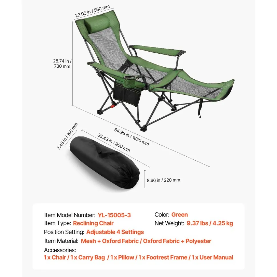VEVOR Reclining Camping Chair, 4 Adjustable Positions, Portable Folding Lounger for Adults, Mesh Beach Chair with Headrest & Foot Rest, Supports 220 lbs, Heavy Duty Camp Chairs for Patio, Green