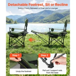 VEVOR Reclining Camping Chair, 4 Adjustable Positions, Portable Folding Lounger for Adults, Mesh Beach Chair with Headrest & Foot Rest, Supports 220 lbs, Heavy Duty Camp Chairs for Patio, Green