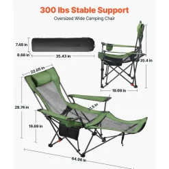 VEVOR Reclining Camping Chair, 4 Adjustable Positions, Portable Folding Lounger for Adults, Mesh Beach Chair with Headrest & Foot Rest, Supports 220 lbs, Heavy Duty Camp Chairs for Patio, Green