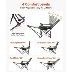 VEVOR Reclining Camping Chair, 4 Adjustable Positions, Portable Folding Lounger for Adults, Mesh Beach Chair with Headrest & Foot Rest, Supports 220 lbs, Heavy Duty Camp Chairs for Patio, Green