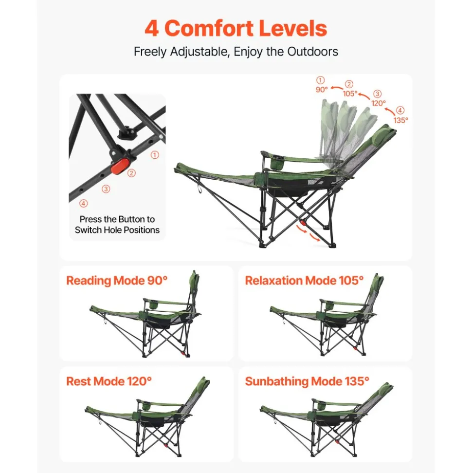VEVOR Reclining Camping Chair, 4 Adjustable Positions, Portable Folding Lounger for Adults, Mesh Beach Chair with Headrest & Foot Rest, Supports 220 lbs, Heavy Duty Camp Chairs for Patio, Green