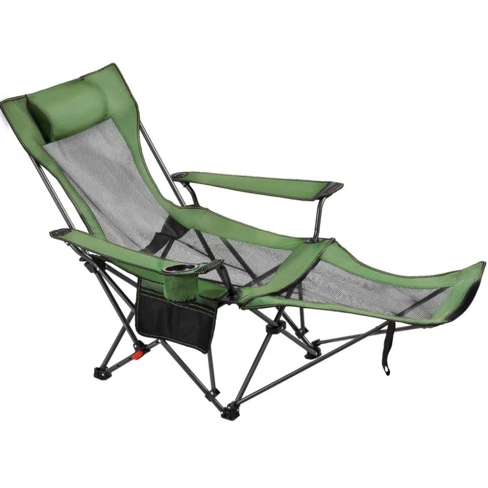 VEVOR Reclining Camping Chair, 4 Adjustable Positions, Portable Folding Lounger for Adults, Mesh Beach Chair with Headrest & Foot Rest, Supports 220 lbs, Heavy Duty Camp Chairs for Patio, Green