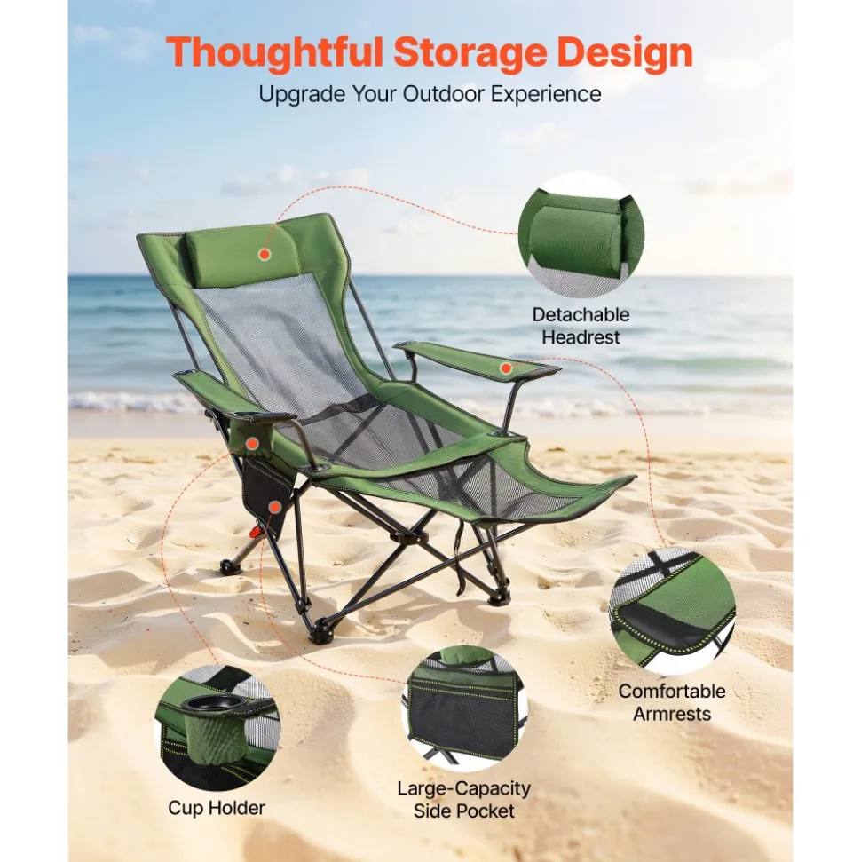 VEVOR Reclining Camping Chair, 4 Adjustable Positions, Portable Folding Lounger for Adults, Mesh Beach Chair with Headrest & Foot Rest, Supports 220 lbs, Heavy Duty Camp Chairs for Patio, Green