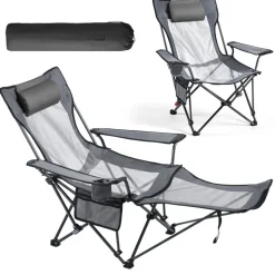 VEVOR Reclining Camping Chair, 4 Adjustable Positions, Portable Folding Lounger for Adults, Mesh Beach Chair with Headrest & Foot Rest, Supports 220 lbs, Heavy Duty Camp Chairs for Patio, Gray